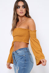 Mustard Bardot Shirred Crop Top with Flared Sleeves - Shera-Crop Tops