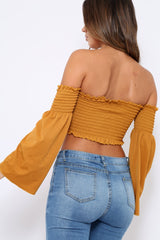 Mustard Bardot Shirred Crop Top with Flared Sleeves - Shera-Crop Tops