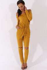 Mustard Bardot Split Knee Jumpsuit - Coran-Jumpsuits