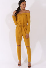 Mustard Bardot Split Knee Jumpsuit - Coran-Jumpsuits