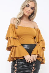 Mustard Bardot Top with Frill Sleeves - Brigid-Tops