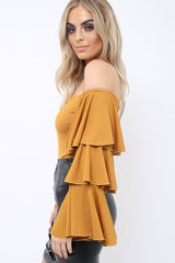 Mustard Bardot Top with Frill Sleeves - Brigid-Tops
