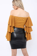 Mustard Bardot Top with Frill Sleeves - Brigid-Tops