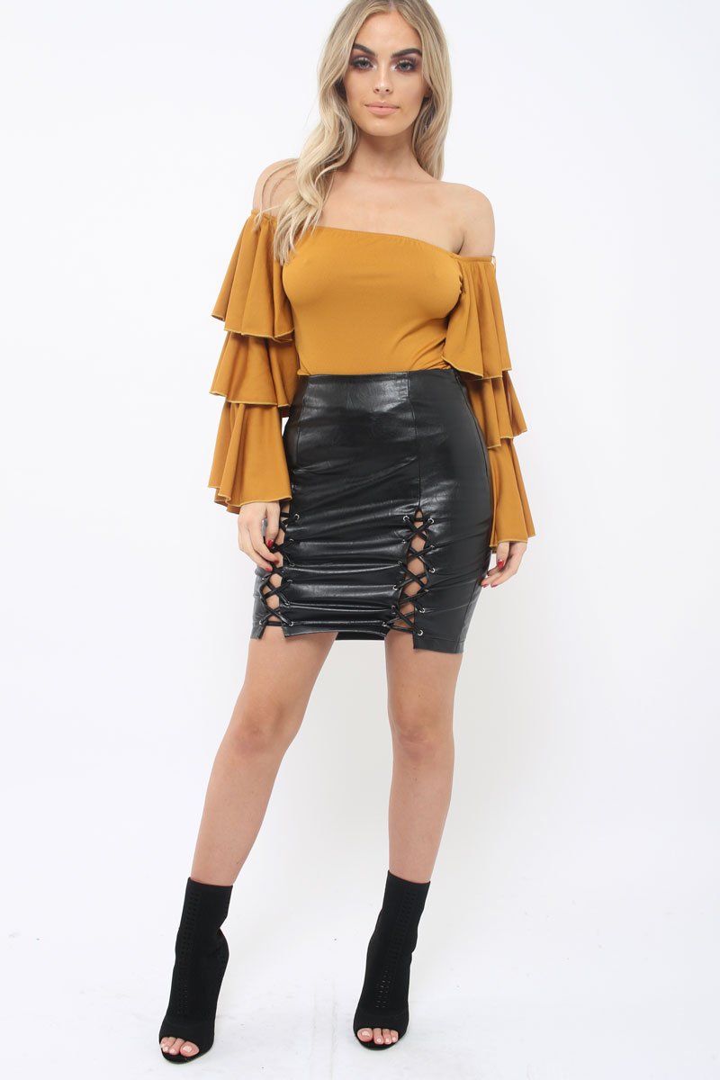 Mustard Bardot Top with Frill Sleeves - Brigid-Tops