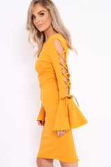 Mustard Bell Sleeved Dress with Lace up Detail - Faith-Dresses
