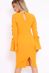 Mustard Bell Sleeved Dress with Lace up Detail - Faith-Dresses