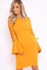 Mustard Bell Sleeved Dress with Lace up Detail - Faith-Dresses