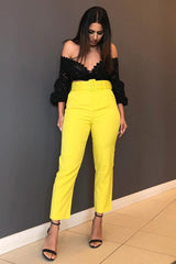Mustard Belted Straight Leg Tailored Trousers - Krystelle-Trousers
