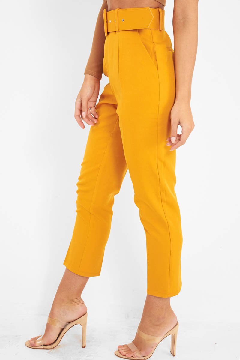 Mustard Belted Tapered Peg Trousers - Jessika-Trousers
