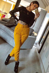 Mustard Belted Tapered Peg Trousers - Jessika-Trousers