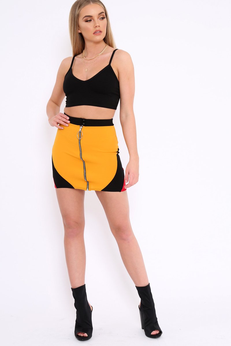 Mustard Black And Red Colour Block Zip Front Mini Skirt and Bralet Co-ord - Kacey-Co-ords