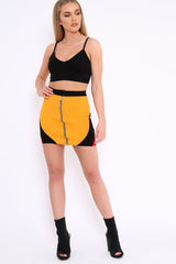Mustard Black And Red Colour Block Zip Front Mini Skirt and Bralet Co-ord - Kacey-Co-ords