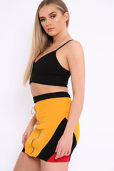 Mustard Black And Red Colour Block Zip Front Mini Skirt and Bralet Co-ord - Kacey-Co-ords