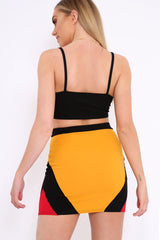Mustard Black And Red Colour Block Zip Front Mini Skirt and Bralet Co-ord - Kacey-Co-ords