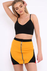 Mustard Black And Red Colour Block Zip Front Mini Skirt and Bralet Co-ord - Kacey-Co-ords