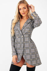 Mustard Black Check Wrap Blazer Dress - Emry-Dresses