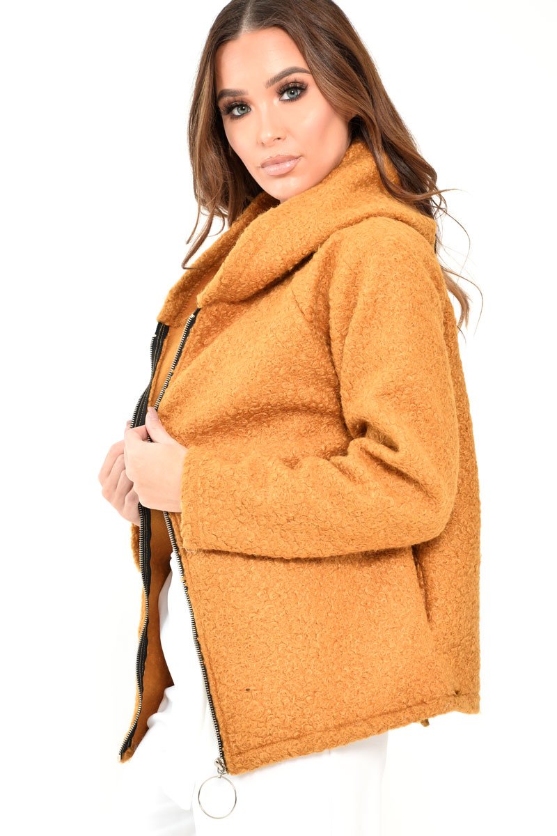 Mustard Borg Hooded Zipper Front Coat - Bryley-Coats