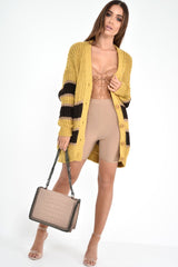 Mustard Brown Colour Block Chunky Knit Cardigan - Brionna-Knitwear