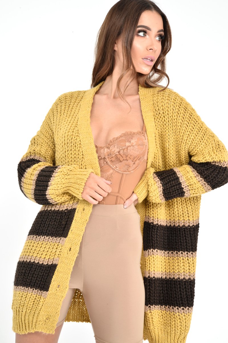Mustard Brown Colour Block Chunky Knit Cardigan - Brionna-Knitwear