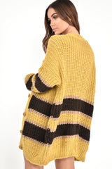 Mustard Brown Colour Block Chunky Knit Cardigan - Brionna-Knitwear