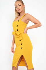 Mustard Button Detail Tie Waist Midi Dress - Susana-Dresses