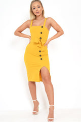 Mustard Button Detail Tie Waist Midi Dress - Susana-Dresses