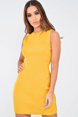 Mustard Button Front Knitted Jumper Dress - Adalei-Dresses
