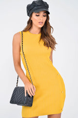 Mustard Button Front Knitted Jumper Dress - Adalei-Dresses
