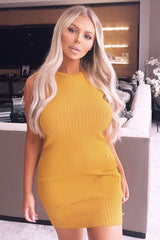 Mustard Button Front Knitted Jumper Dress - Adalei-Dresses