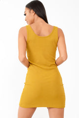 Mustard Button Front Ribbed Bodycon Dress - Oliviana-Dresses