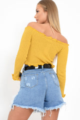 Mustard Button Up Cropped Bardot Jumper - Cielo-Crop Jumper