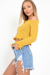 Mustard Button Up Cropped Bardot Jumper - Cielo-Crop Jumper
