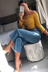 Mustard Button Up Cropped Bardot Jumper - Cielo-Crop Jumper
