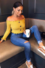 Mustard Button Up Cropped Bardot Jumper - Cielo-Crop Jumper