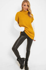 Mustard Cable Knit Colour Block Jumper - Evren-Jumper