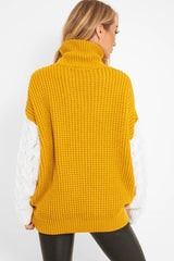 Mustard Cable Knit Colour Block Jumper - Evren-Jumper