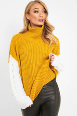 Mustard Cable Knit Colour Block Jumper - Evren-Jumper