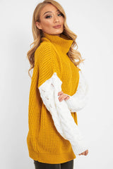 Mustard Cable Knit Colour Block Jumper - Evren-Jumper