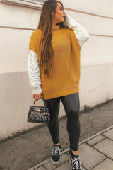 Mustard Cable Knit Colour Block Jumper - Evren-Jumper