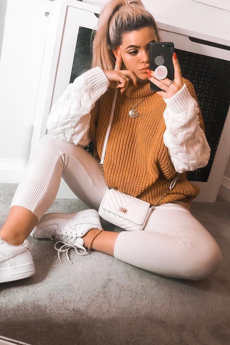 Mustard Cable Knit Colour Block Jumper - Evren-Jumper