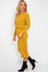 Mustard Cable Knit Drawstring Waist Dress - Rhea-Dresses
