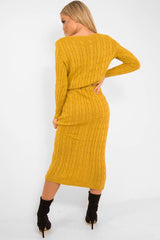 Mustard Cable Knit Drawstring Waist Dress - Rhea-Dresses