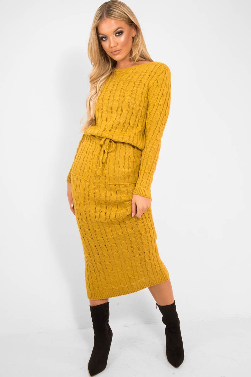 Mustard Cable Knit Drawstring Waist Dress - Rhea-Dresses