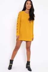 Mustard Cable Knit Jumper Dress with Cut out Detail - Daysie-Jumper
