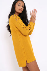 Mustard Cable Knit Jumper Dress with Cut out Detail - Daysie-Jumper