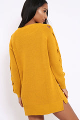 Mustard Cable Knit Jumper Dress with Cut out Detail - Daysie-Jumper