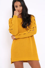 Mustard Cable Knit Jumper Dress with Cut out Detail - Daysie-Jumper