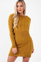 Mustard Cable Knit Jumper Midi Dress - Jaylie-Dresses