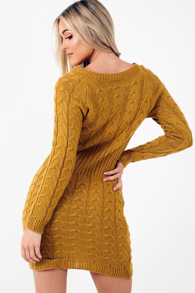 Mustard Cable Knit Jumper Midi Dress - Jaylie-Dresses