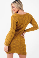 Mustard Cable Knit Jumper Midi Dress - Jaylie-Dresses